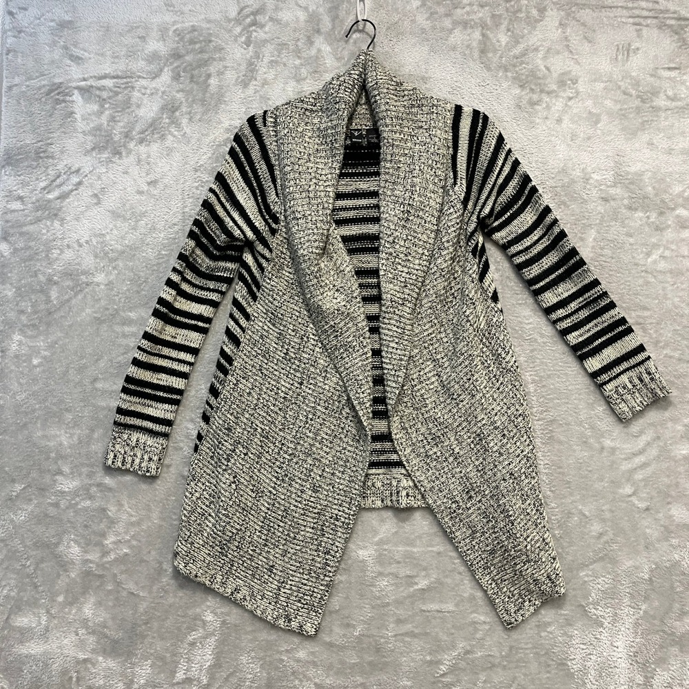 Windsor Cardigan Women S Black Grey Striped Open Front Waterfall Knit Sweater
